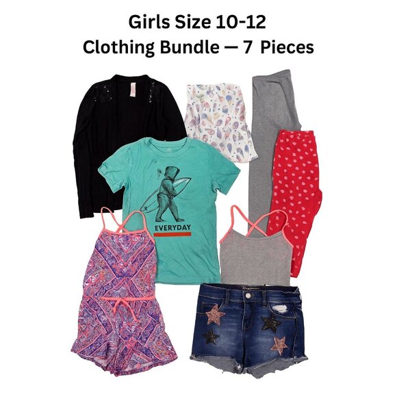 Girls Size 10-12 Clothing Bundle – 7-Piece Lot Tops Pants Shorts Romper – Hearts - Picture 1 of 12